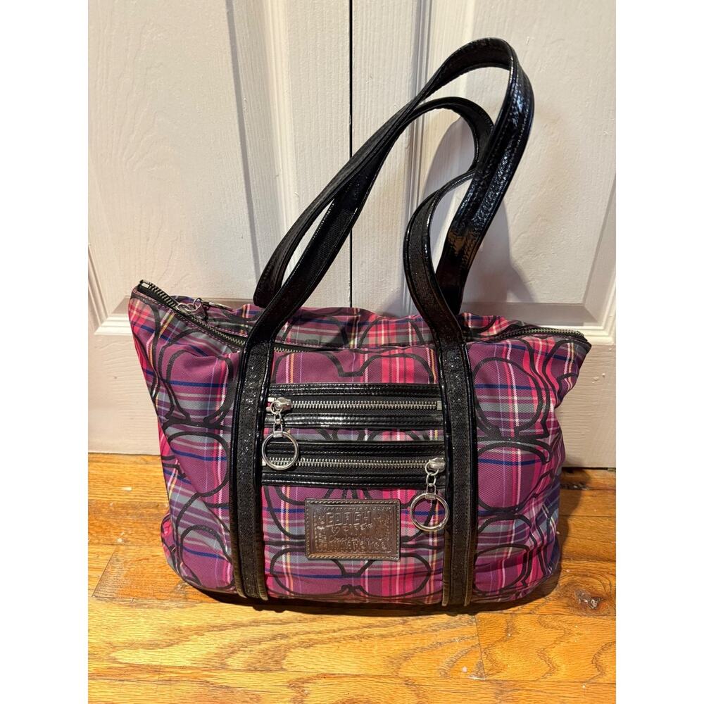 Coach Poppy Plaid Tote Bag Pink Purple Black Patent Leather Accents Zip Top 2/21